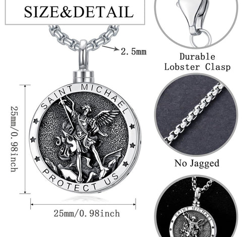 Sterling Silver Saint Michael Urn Necklace for Ashes With Engraved