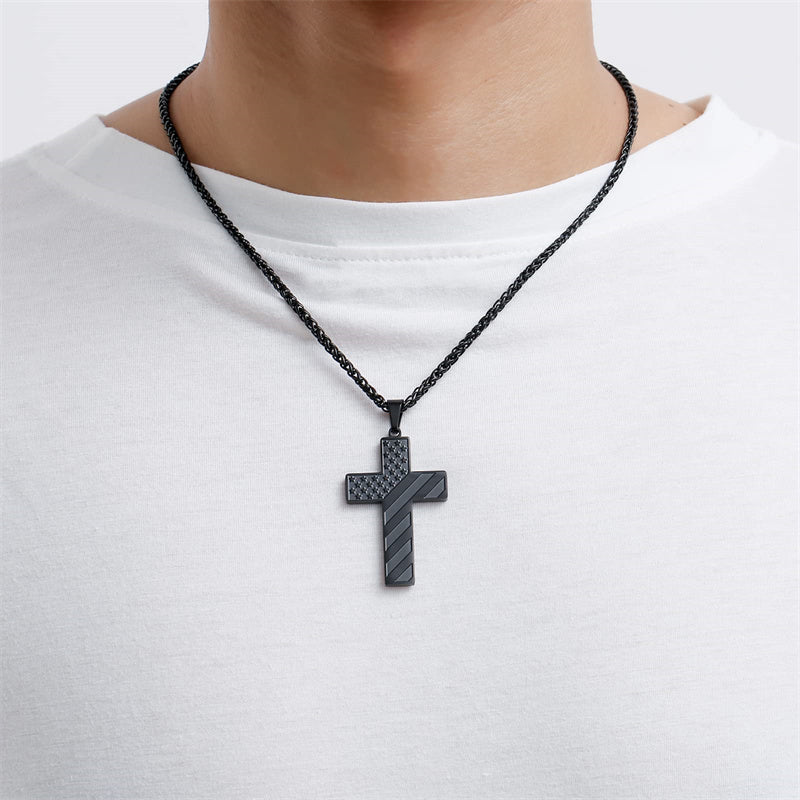 thumbnail image 2 of Men's Stainless Steel American Flag Cross Pendant Necklace With Wheat Chain 2 of 6