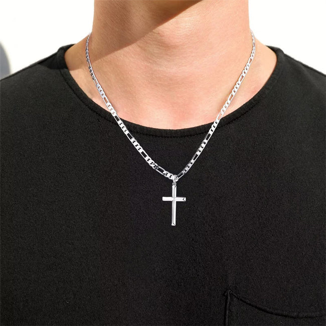 S925 Sterling Silver Cross Pendant Cross Necklace for Men, Mens Cross Necklace  Figaro Chain Necklace for Men Women Girls