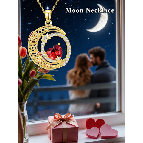 10K 14K 18K Gold Heart Birthstone Moon and Star Pendant  Necklace for Women