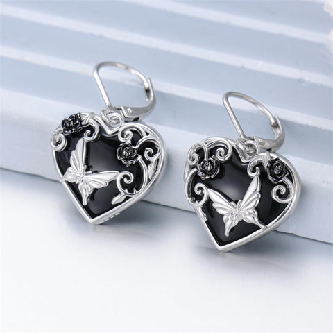 Sterling Silver Black Obsidian Snake Hummingbird Butterfly Dragonfly Leverback Earrings