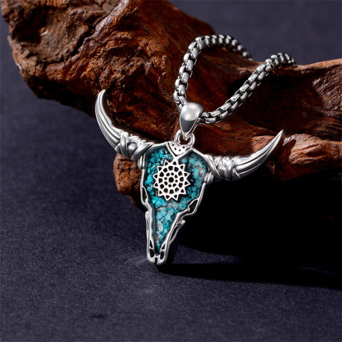 Sterling Silver Turquoise Cow Skull Pendant Necklace