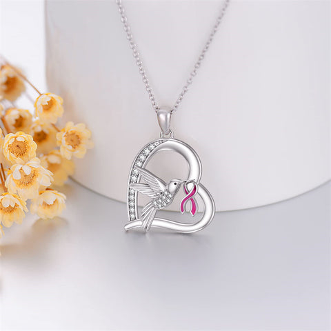 Sterling Silver Cubic Zircon Hummingbird Cancer Awareness Pendant Necklace Gifts for Women