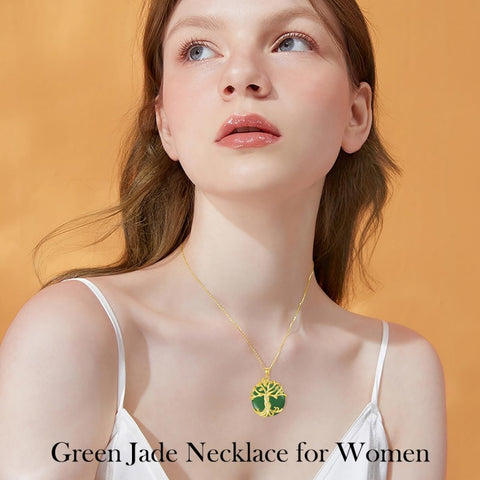 14k Gold Plated Sterling Silver Round Jade Tree of Life Necklace Good Fortune Jewelry for Women