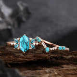 Sterling Silver 10K 14K 18K Gold Turquoise Engagement  Wedding Ring Set for Women