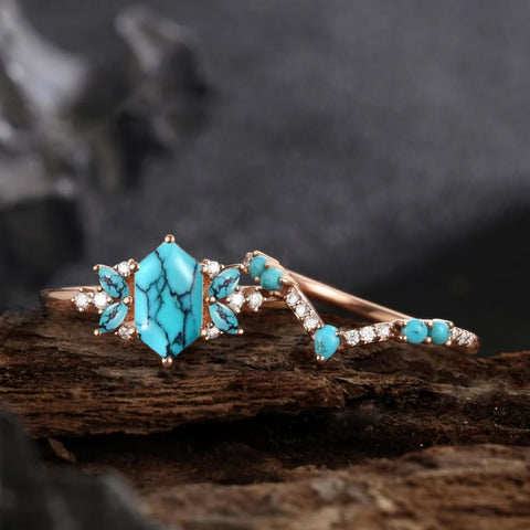 Sterling Silver 10K 14K 18K Gold Turquoise Engagement  Wedding Ring Set for Women