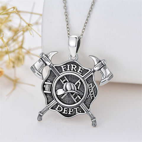 Firefighter Necklace 925 Sterling Silver Fire Dept Pendant Fire Department Jewelry for Women Men Christmas Gift