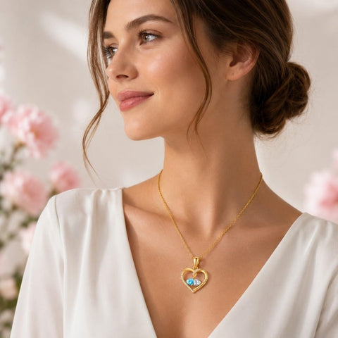 14K Gold Plated Double Heart Birthstone Rose Pendant Necklace for Women