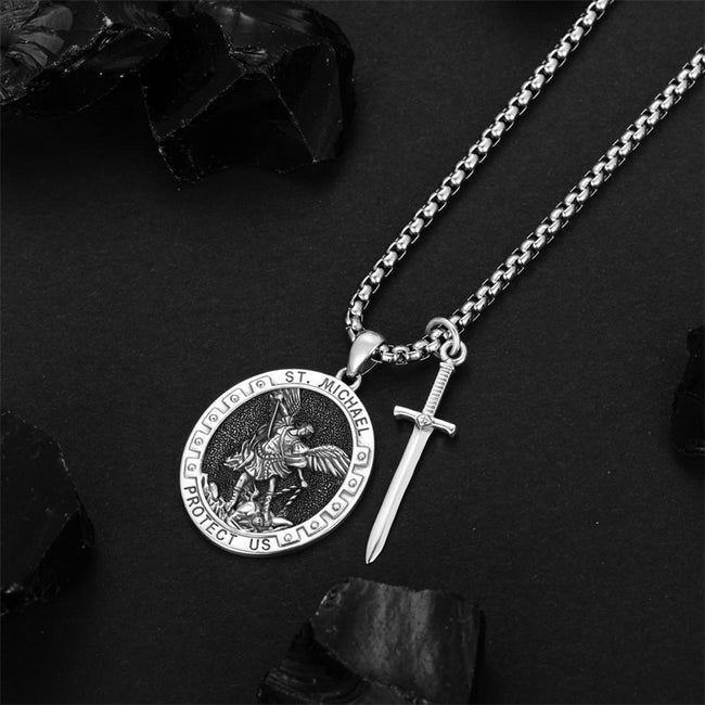 925 Sterling Silver St Michael Oval Round Medal Archangel Cross Necklace Christmas Gift for Men