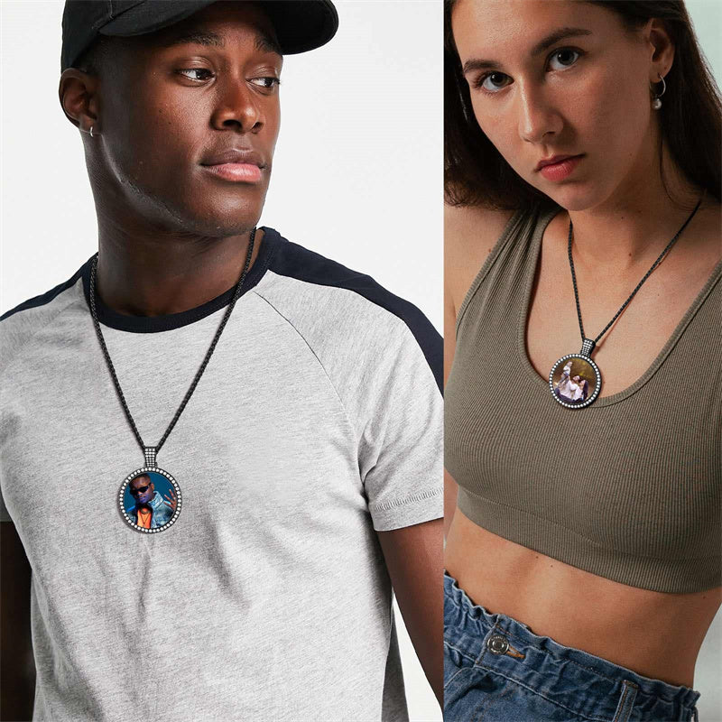 Copper Cubic Zirconia Round Personalized Photo Pendant Necklace