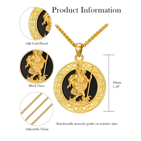 14K Gold Plated Black Onyx Patron Saint Medal Religious Amulet Pendant Necklace for Men