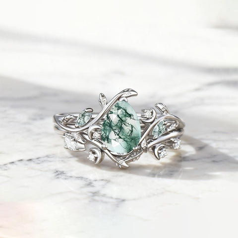 Sterling Silver 2CT Moss Agate  Engagement Wedding Ring Sets for Women