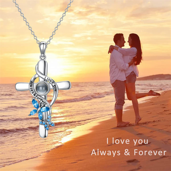 I Love You Necklace 100 Languages Custom Photo Necklace Projection Necklace 925 Sterling Silver Cross Pendant Necklace for Women Girls