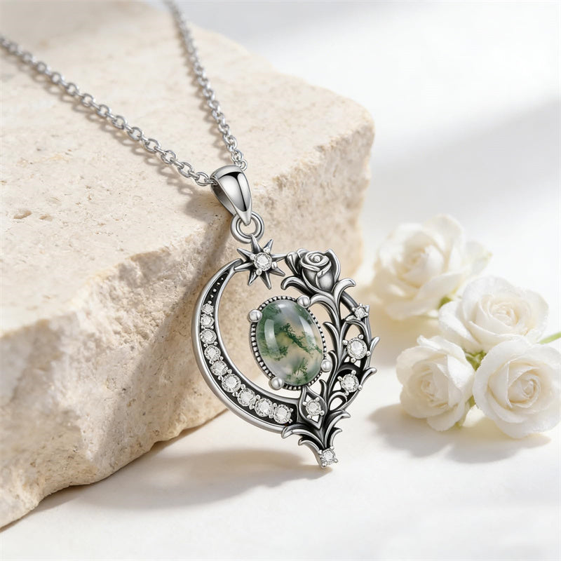 Sterling Silver Moss Agate Celtic Knot Rose Claddagh Filigree Pendant Necklace