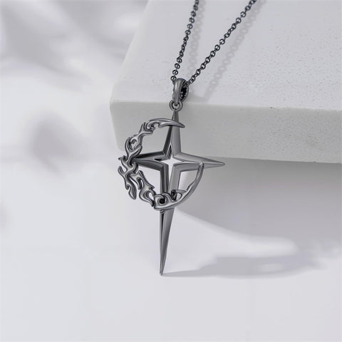 Sterling Silver Gothic Black Moon and Star Pendant Necklace