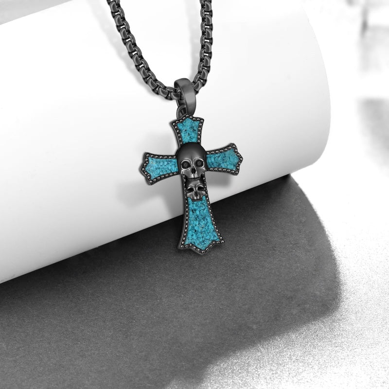 14K Gold Plated Turquoise Malachite Abalone Shell Cross Pendant Necklace for Men