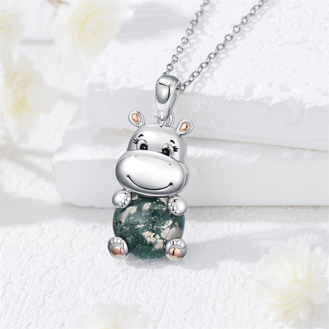 Sterling Silver Moss Agate Hippo Koala Elephant Teddy Bear Pendant Necklace