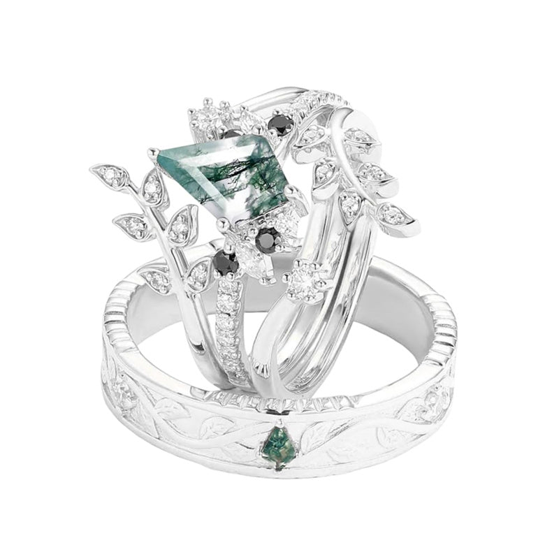 Sterling Silver10K 14K 18K Gold Natural Moss Agate Branch Leafy Couples Rings Set