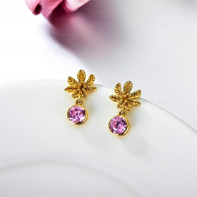 14k Solid Gold Flower Earrings 5a Pink Purple Cubic Zirconia Gold Earrings for Women Dangle Stud Women Earrings