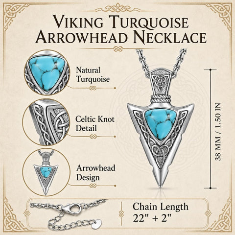 14K Gold Plated Moss Agate Turquoise Valknut Viking Arrow Head Pendant Necklace for Men