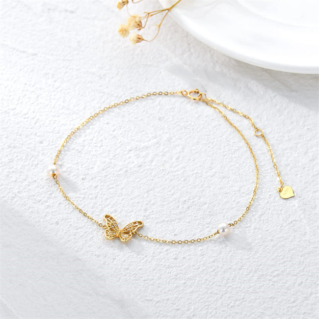14k Solid Gold Butterfly Anklet For Women, Real Pearl Fine Jewelry Ankle Bracelet Gifts For Her