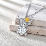 14K Gold Heart Birthstone Highland Cow Pendant Necklace