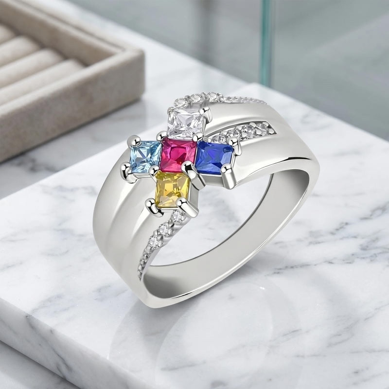 10K 14K 18K Gold Square Shaped Personalized 1-5 Birthstone  Family Mother's Ring Anniversary Ring for Women