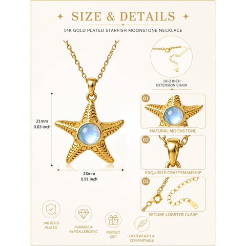 14K Gold Plated Moonstone Octopus Sea Turtle Conch Shell Starfish Seashell Ocean Necklace for Women