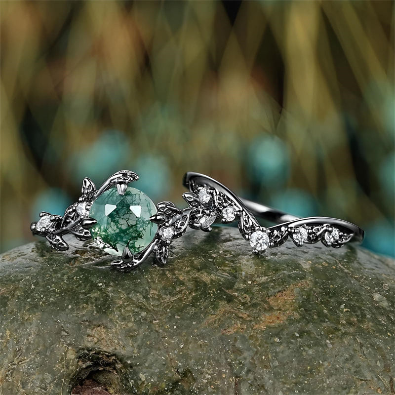Sterling Silver 10K 14K 18K Gold 2CT Moss Agate Vine Leaf Women's Bridal Ring Sets for Wedding Engagement