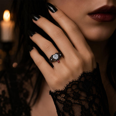 Sterling Silver 10K 14K 18K Gold Moissanite Gothic Black  Engagement Wedding Ring  for Women Halloween Gift