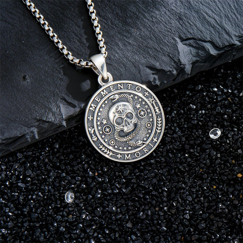 Sterling Silver Gothic Skull Memento Mori Pendant Necklace