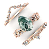 Sterling Silver Personalized Engraved Pear Moss Agate Engagement Black Ring Set Bridal Rings Set