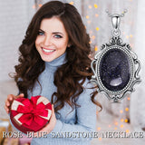 Sterling Silver Blue Sandstone Moonstone Turquoise Obsidian Vintage Rose Pendant Necklace