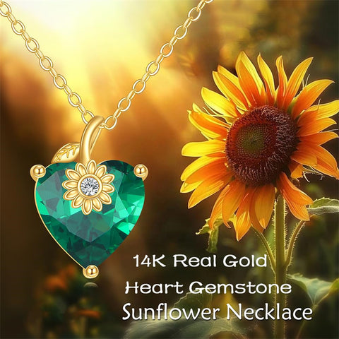 10K 14K 18K Yellow Gold Heart Birthstone Sunflower Pendant Necklace