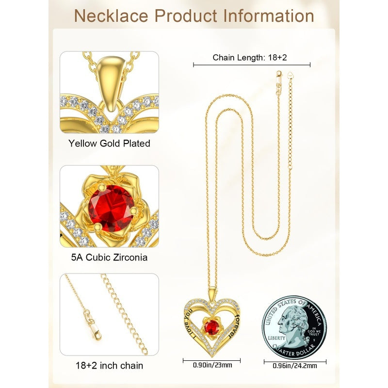 14K Gold Plated  Birthstone Rose Flower Pendant Necklace Birthday Wedding Anniversary Jewelry Gifts for Women