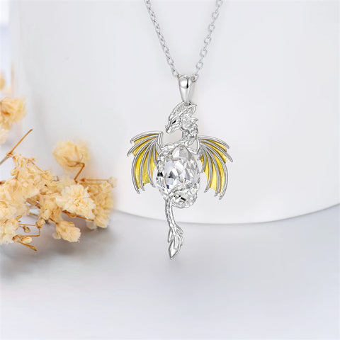 Dragon Necklace for Men Sterling Silver Birthstone Wyvern Necklace Embllished with Teardrop Shaped Crystal Jewelry Gift for Women Girl