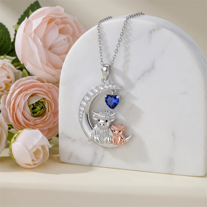 Sterling Silver Round Heart Birthstone Highland Cow Pendant Necklace Fluffy Cow Jewelry Gifts Birthday Christmas
