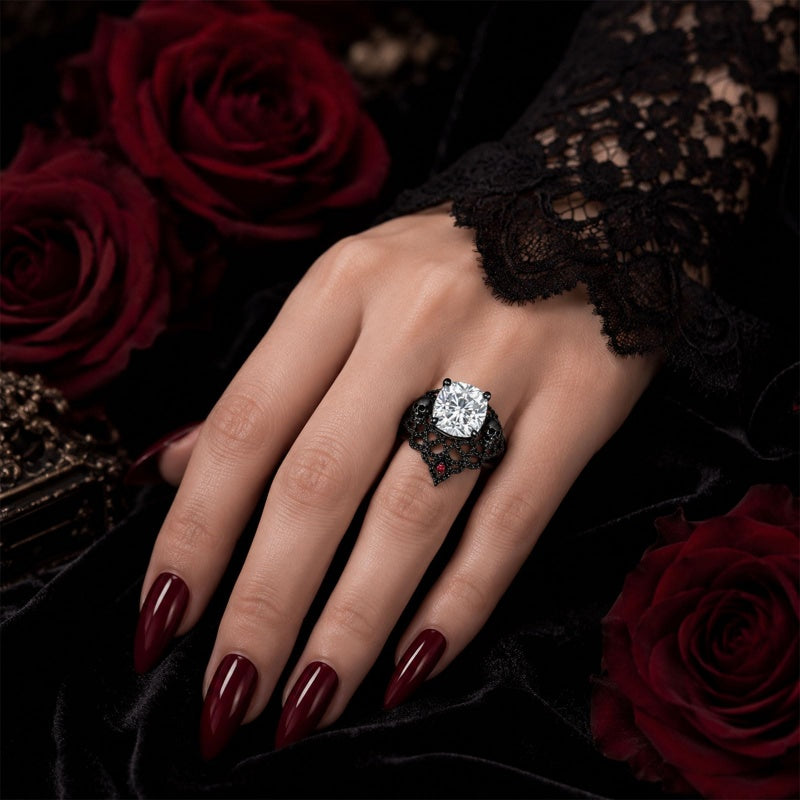 Sterling Silver 10K 14K 18K Gold Moissanite Gothic Black  Engagement Wedding Ring  for Women Halloween Gift