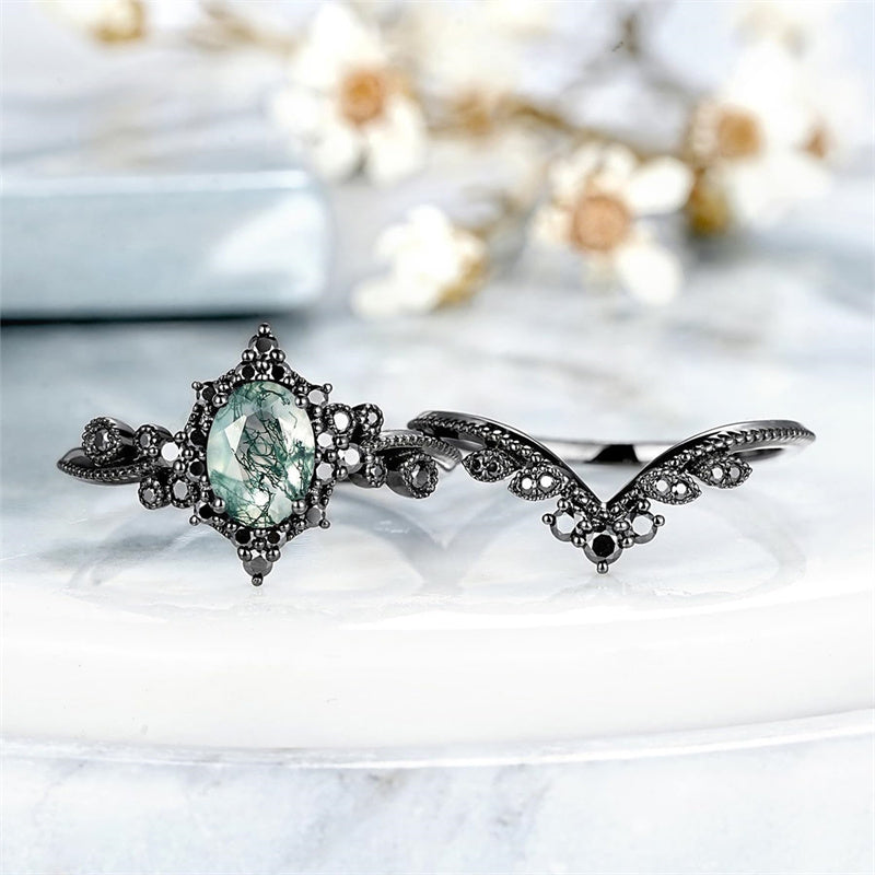 Sterling Silver 10K 14K 18K Gold Vintage Nature Moss Agate Engagement Ring Sets for Women