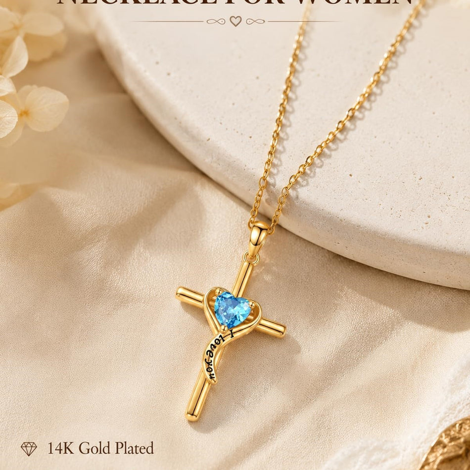 14K Gold Plated Dainty Heart Birthstone Pendant Cross Necklace for Women Religious Gift