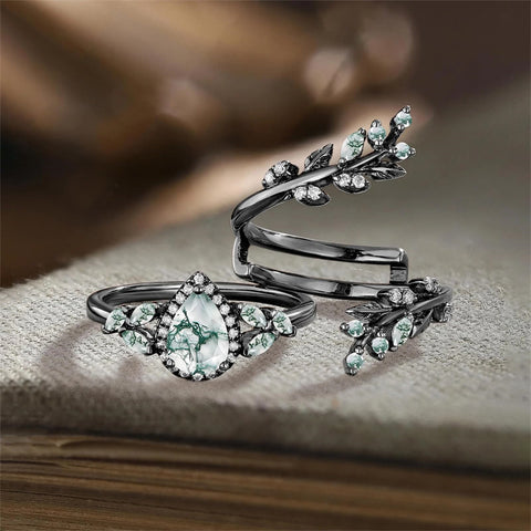 Sterling Silver 10K 14K 18K Gold 2CT Moss Agate Vine Leaf Women's Bridal Ring Sets for Wedding Engagement