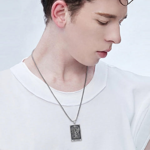 Sterling Silver Tarot Card Pendant  Necklace for Men Gothic Amulet Jewelry