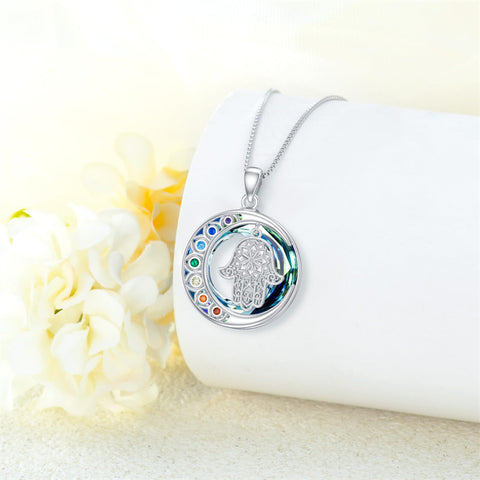 Sterling Silver Crystal Triple Moon Goddess Hamsa Hand Lotus Tree of Life Flower of Life Chakra Pendant Necklace