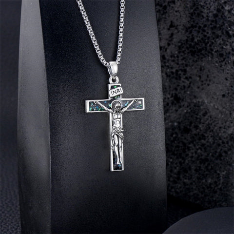 Sterling Silver Turquoise Abalone Shell Oxidation Cross Pendant Necklace