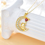 14K Gold Garnet Moissanite Elephant Moon Pendant Necklace