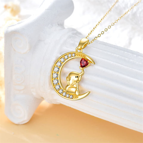 14K Gold Garnet Moissanite Elephant Moon Pendant Necklace