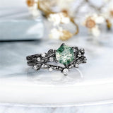 Sterling Silver 10K 14K 18K Gold Vintage Nature Moss Agate Engagement Ring Sets for Women