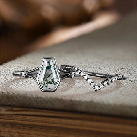 Sterling Silver 10K 14K 18K Gold 2CT Moss Agate Vine Leaf Women's Bridal Ring Sets for Wedding Engagement