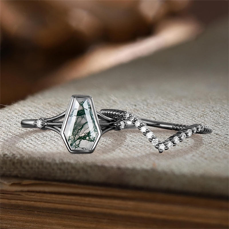 Sterling Silver 10K 14K 18K Gold 2CT Moss Agate Vine Leaf Women's Bridal Ring Sets for Wedding Engagement