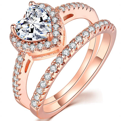 Copper Heart Shaped Cubic Zirconia Eternity Engagement Wedding Band Ring Set